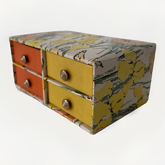 Vintage 1960s Jewelry Box 4-Drawer Orange Yellow Floral MCM Tulip Design 8x5 in - Picture 1 of 12